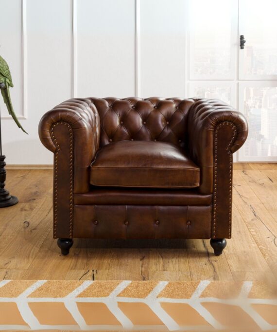 Furnliv Chesterfield Leather Single Seater Sofa Brown