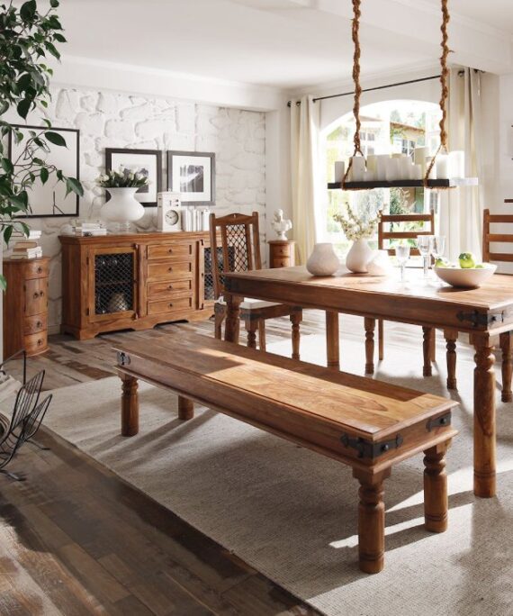 Furnliv Rustic Traditional Solid Sheesham Wood Dining Set with Chairs #06