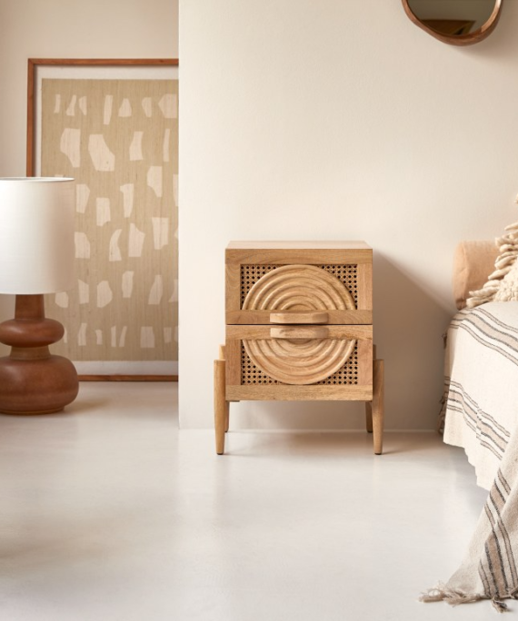 Furnliv Vratta Solid Mango Wood Bedside Table With Cane