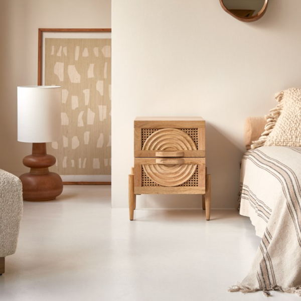 Furnliv Vratta Solid Mango Wood Bedside Table With Cane