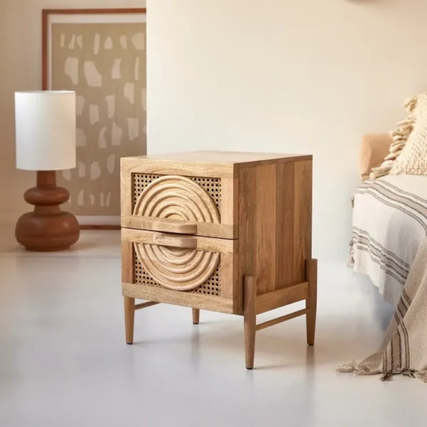 Furnliv Vratta Solid Mango Wood Bedside Table With Cane - Image 4