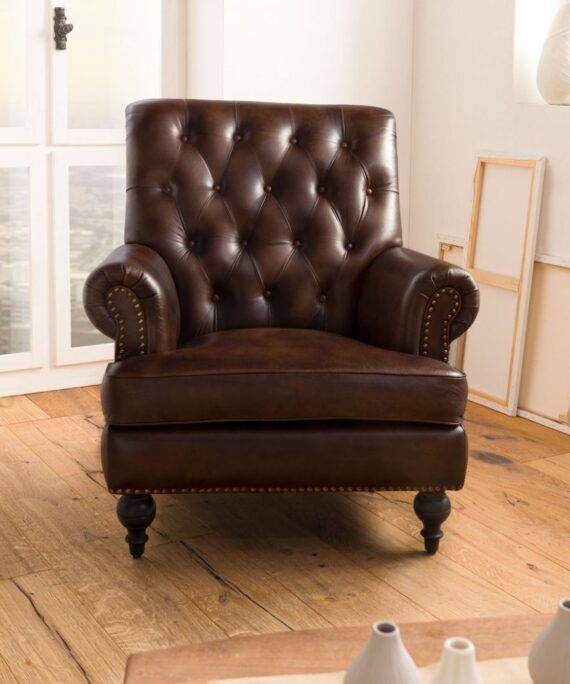 Furnliv Chesterfield Leather Single Seater Sofa Dark Brown