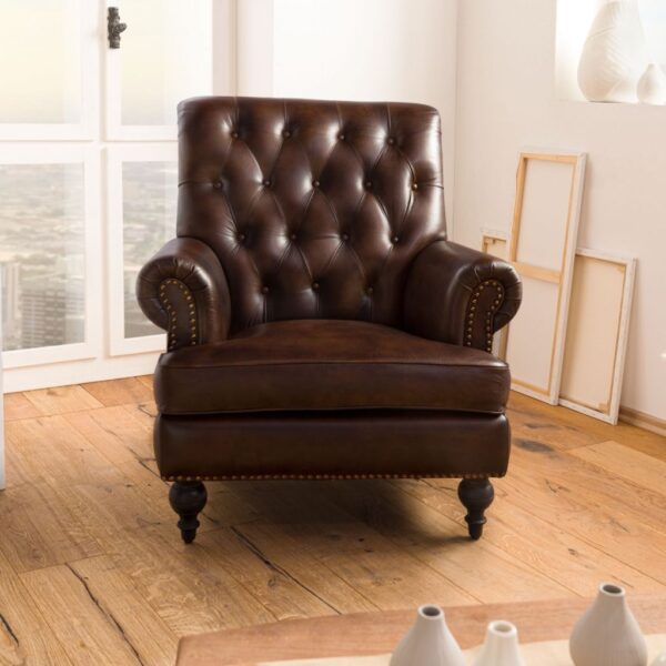 Furnliv Chesterfield Leather Single Seater Sofa Dark Brown