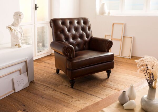 Furnliv Chesterfield Leather Single Seater Sofa Dark Brown - Image 2