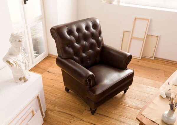 Furnliv Chesterfield Leather Single Seater Sofa Dark Brown - Image 3
