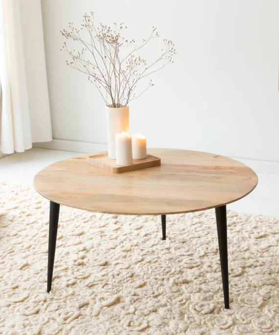 Furnliv Albert Round Solid Mango Wood and Black Metal Legs Coffee Table