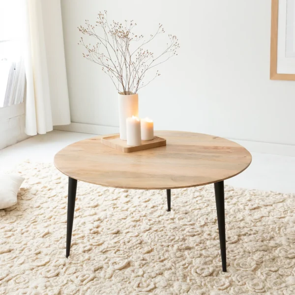 Furnliv Albert Round Solid Mango Wood and Black Metal Legs Coffee Table