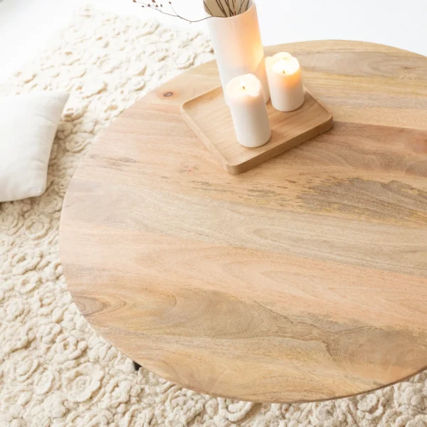 Furnliv Albert Round Solid Mango Wood and Black Metal Legs Coffee Table - Image 2