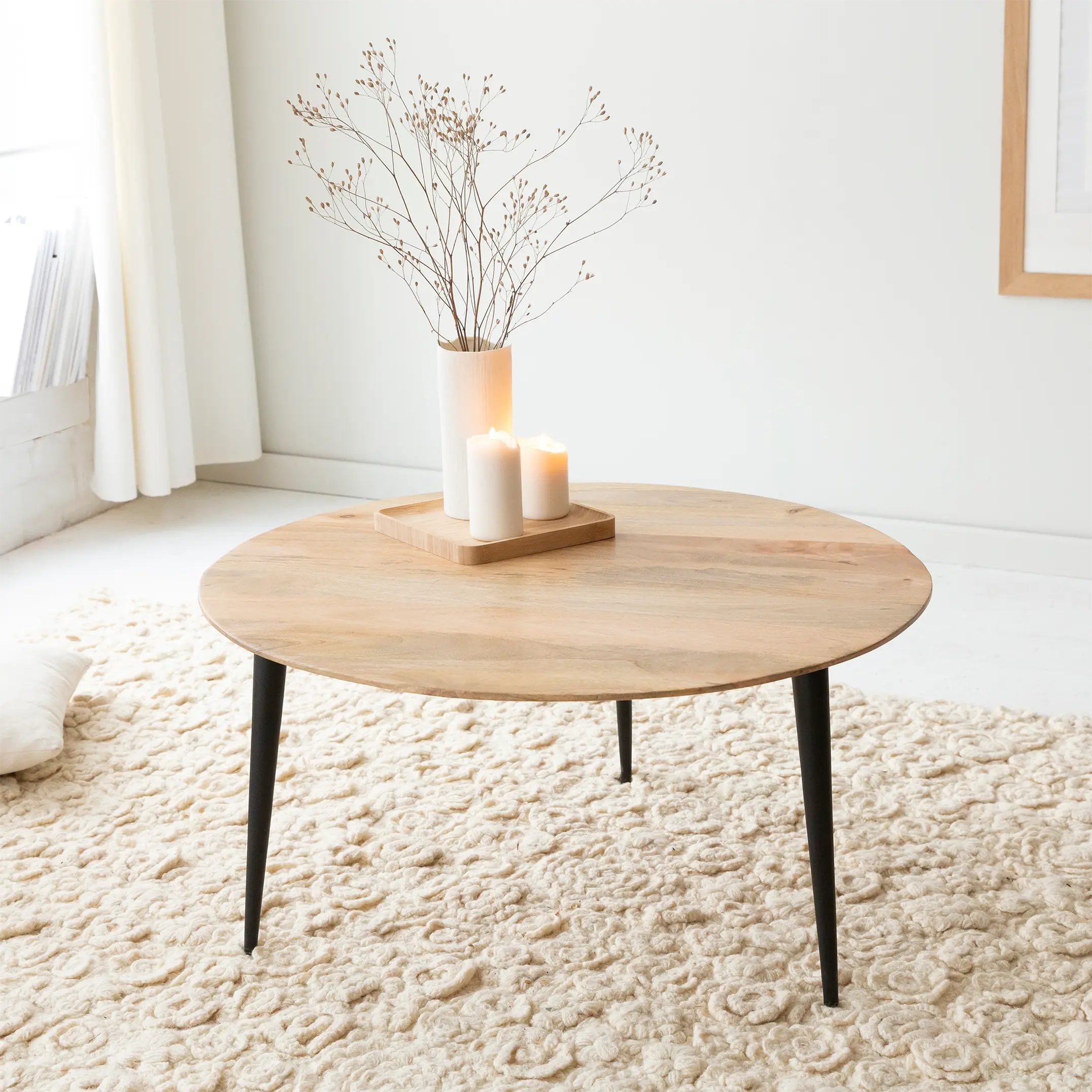 2.webp Albert Round Solid Mango Wood and Black Metal Legs Coffee Table — Natural - Image 1