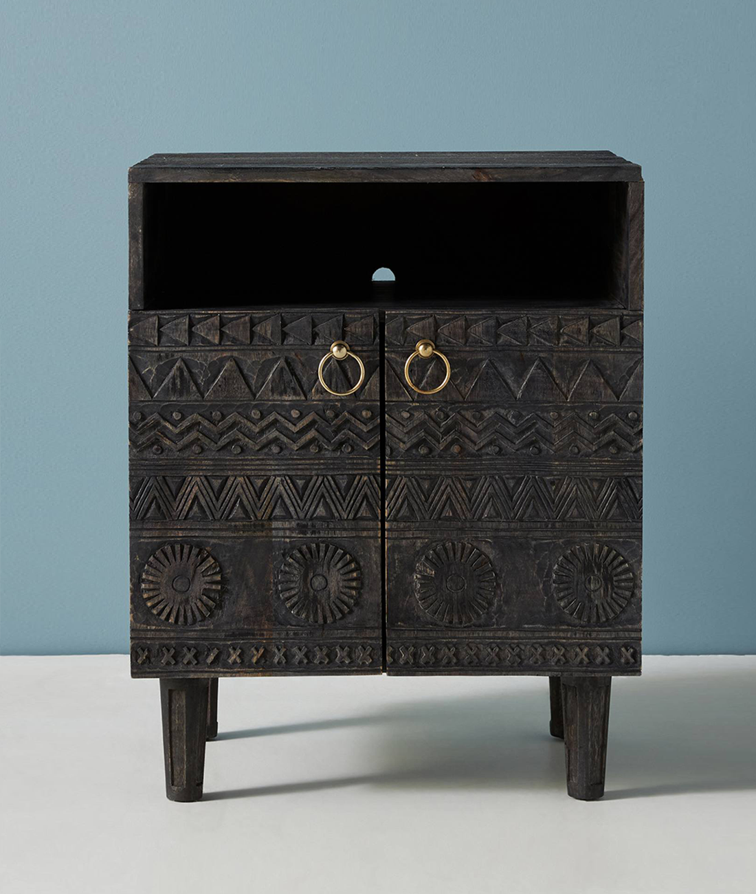 60359452_001_b_d10e4450-6f9e-412c-a174-850716094c96.png Jodhpur Traditional Carved Mango Wood Bed Side — Black - Image 1