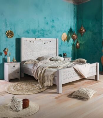 Persia carved mango wood bed in white-washed solid wood finish