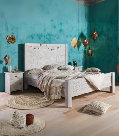 Persia carved mango wood bed in white-washed solid wood finish