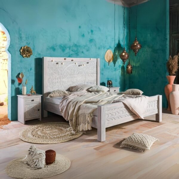 Persia carved mango wood bed in white-washed solid wood finish