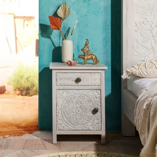Persia Carved Mango Bedside Table — Right Opening