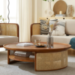 Mandor Premium Round Coffee Table with Natural Cane — Honey Tonned