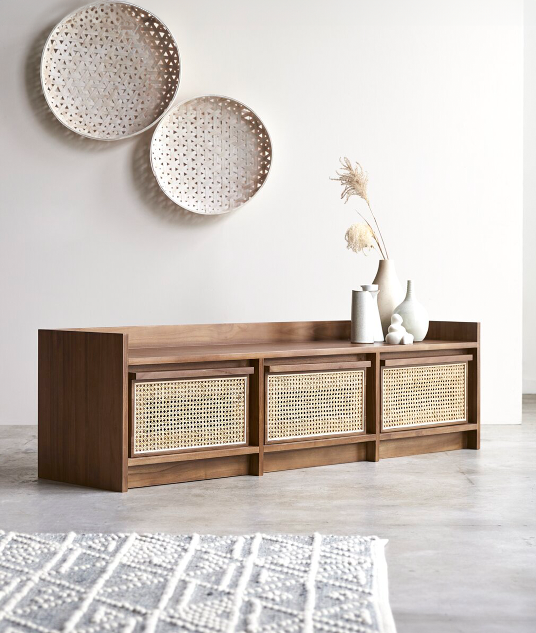 YokoRattanTVUnit7.png Mandor Solid Wood TV Unit — Walnut Finish - Image 1